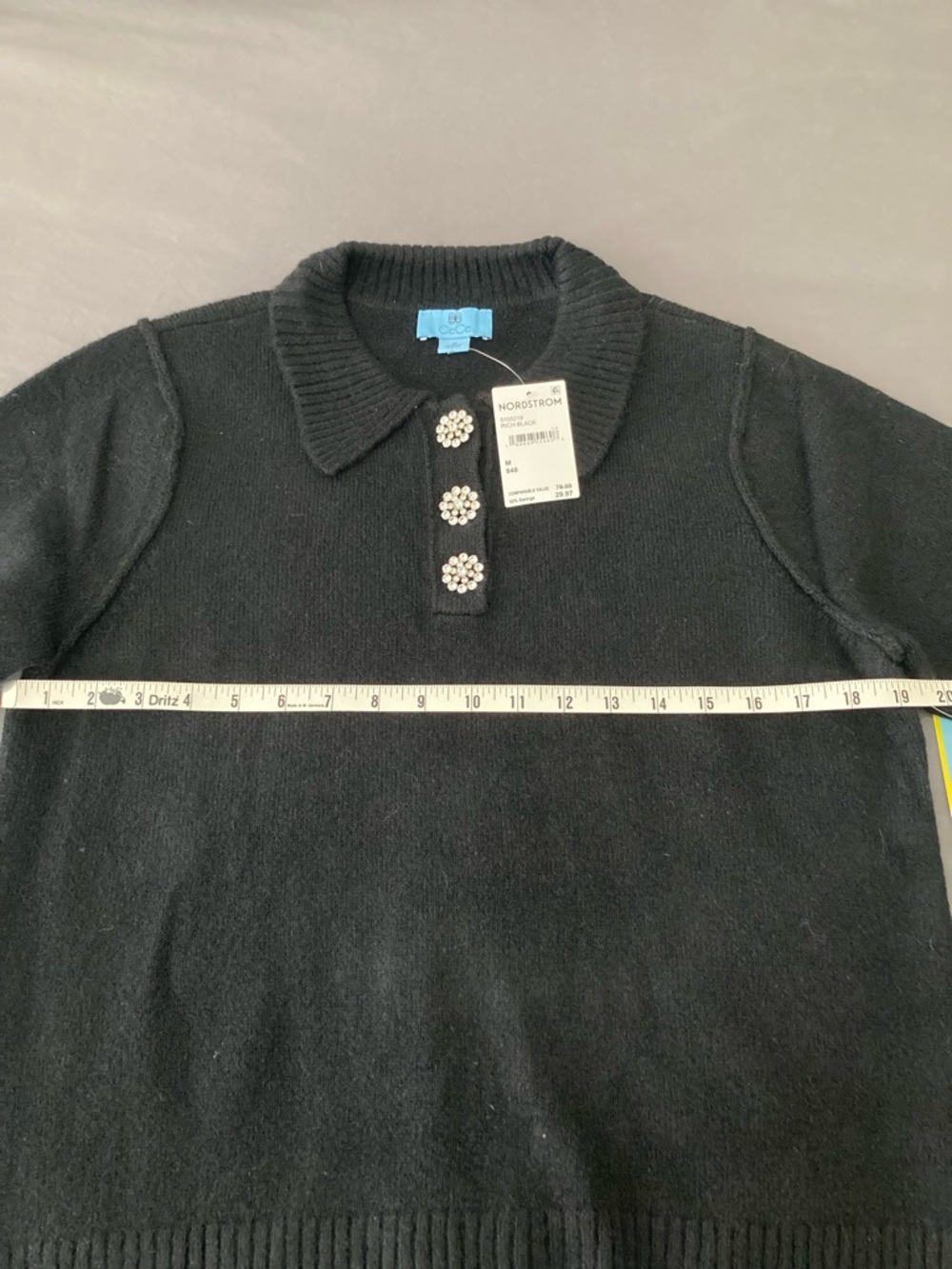 CeCe Black Short-Sleeve Knit Sweater with Rhinestone Flower Buttons - Picture 3 of 6